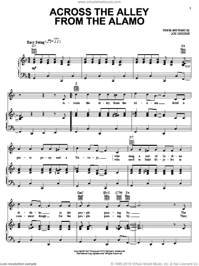 Across The Alley From The Alamo sheet music for voice, piano or guitar by Joe Greene, intermediate skill level