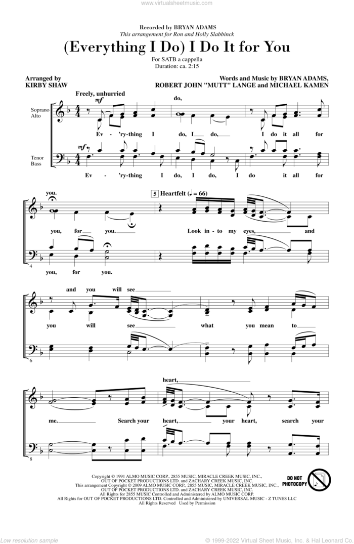 (Everything I Do) I Do It For You sheet music for choir (SATB: soprano, alto, tenor, bass) by Kirby Shaw and Bryan Adams, intermediate skill level