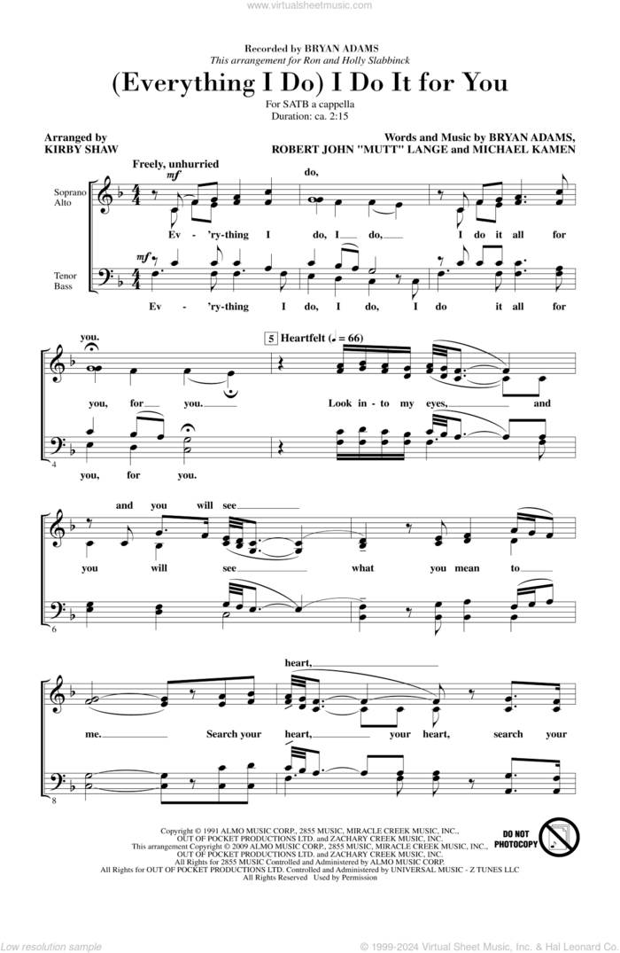 (Everything I Do) I Do It For You sheet music for choir (SATB: soprano, alto, tenor, bass) by Kirby Shaw and Bryan Adams, intermediate skill level