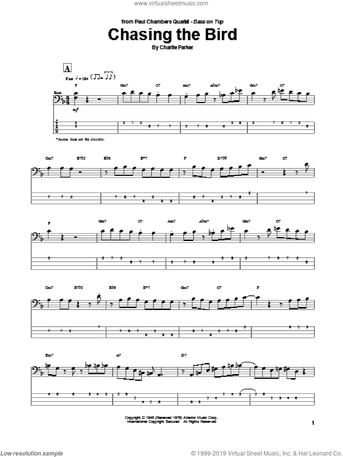 Chasing The Bird sheet music for bass (tablature) (bass guitar) by Charlie Parker, intermediate skill level