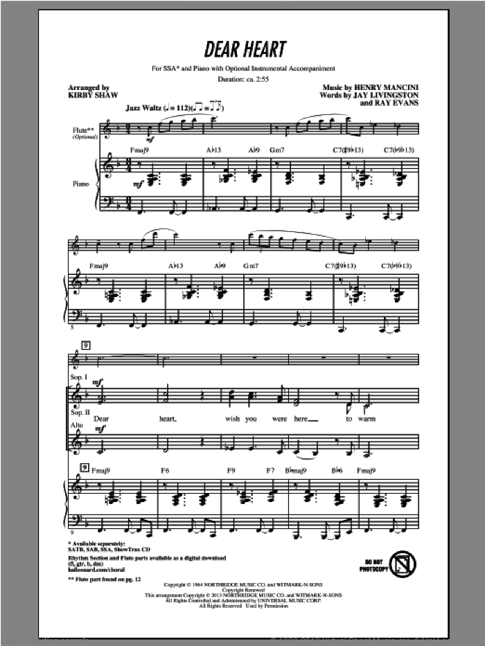 Dear Heart (arr. Kirby Shaw) sheet music for choir (SSA: soprano, alto) by Kirby Shaw and Henry Mancini, intermediate skill level