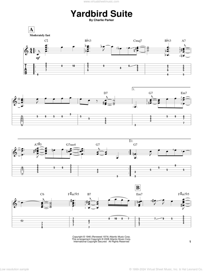 Yardbird Suite sheet music for guitar solo by Charlie Parker, intermediate skill level