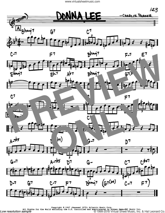 Donna Lee sheet music for voice and other instruments (in Bb) by Charlie Parker, intermediate skill level