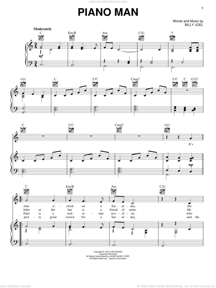 Piano Man sheet music for voice, piano or guitar by Billy Joel, intermediate skill level