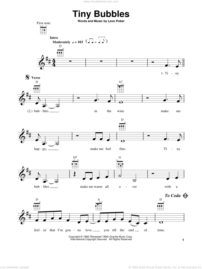 Tiny Bubbles sheet music for ukulele by Leon Pober and Don Ho, intermediate skill level