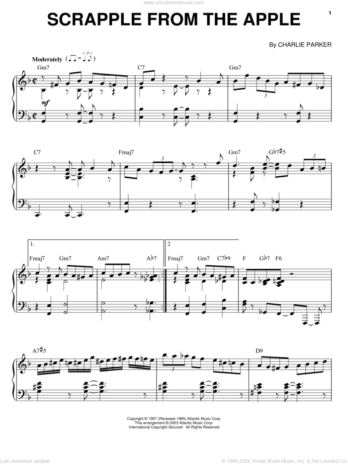 Scrapple From The Apple sheet music for piano solo by Charlie Parker, intermediate skill level