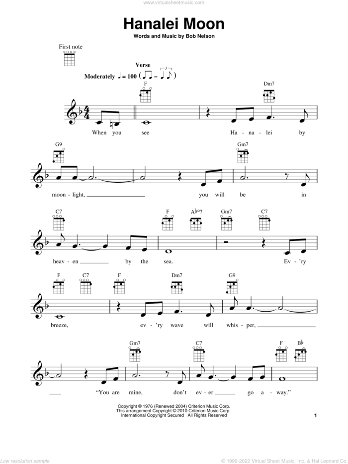 Hanalei Moon sheet music for ukulele by Bob Nelson, intermediate skill level