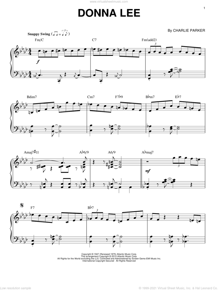 Donna Lee (arr. Brent Edstrom) sheet music for piano solo by Charlie Parker, intermediate skill level