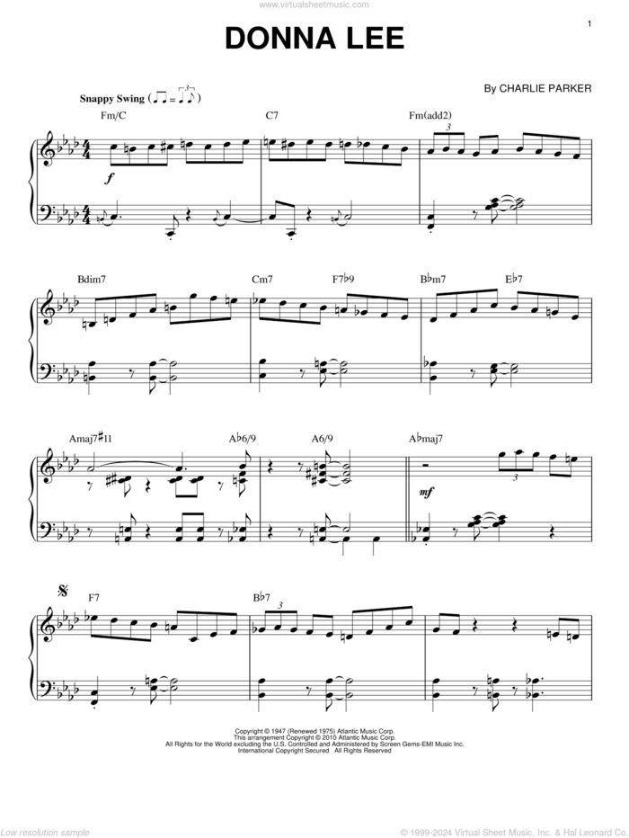 Donna Lee (arr. Brent Edstrom) sheet music for piano solo by Charlie Parker, intermediate skill level