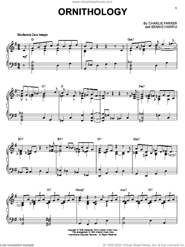 Ornithology sheet music for piano solo by Charlie Parker and Bennie Harris, intermediate skill level