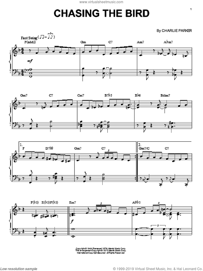 Chasing The Bird (arr. Brent Edstrom) sheet music for piano solo by Charlie Parker, intermediate skill level