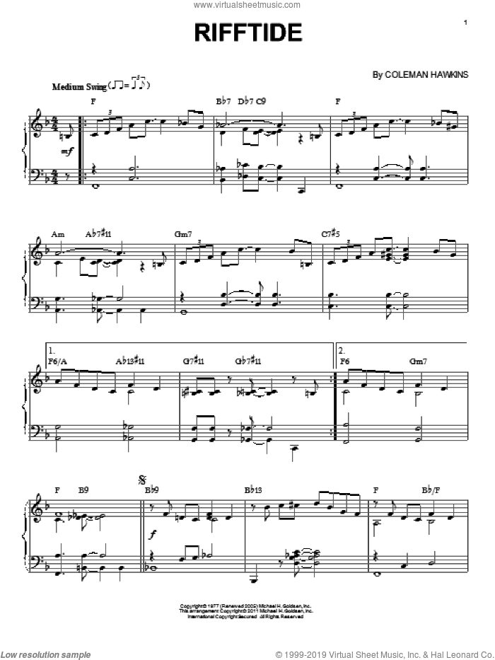 Rifftide (arr. Brent Edstrom) sheet music for piano solo by Coleman Hawkins, intermediate skill level