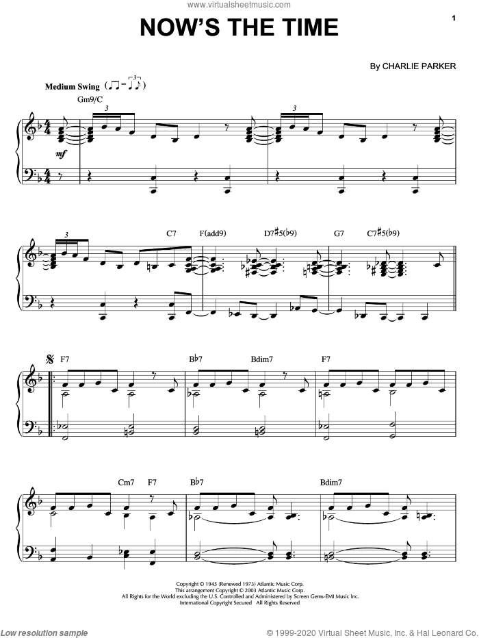 Now's The Time sheet music for piano solo by Charlie Parker, intermediate skill level