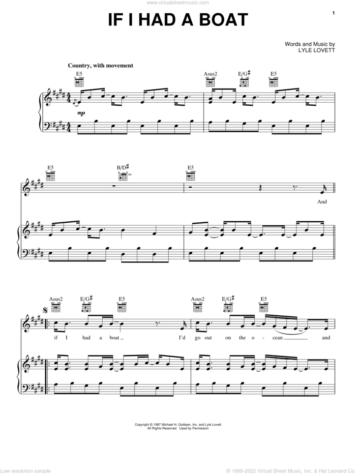 If I Had A Boat sheet music for voice, piano or guitar by Lyle Lovett, intermediate skill level