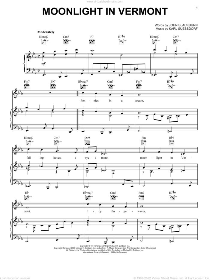 Moonlight In Vermont sheet music for voice, piano or guitar by Frank Sinatra, intermediate skill level