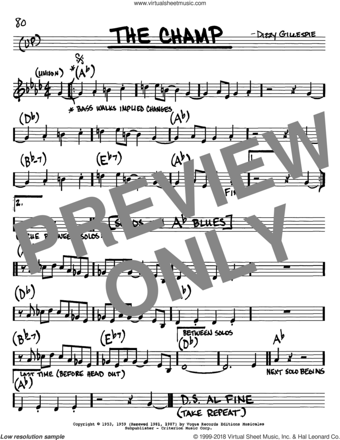 The Champ sheet music for voice and other instruments (in C) by Dizzy Gillespie, intermediate skill level