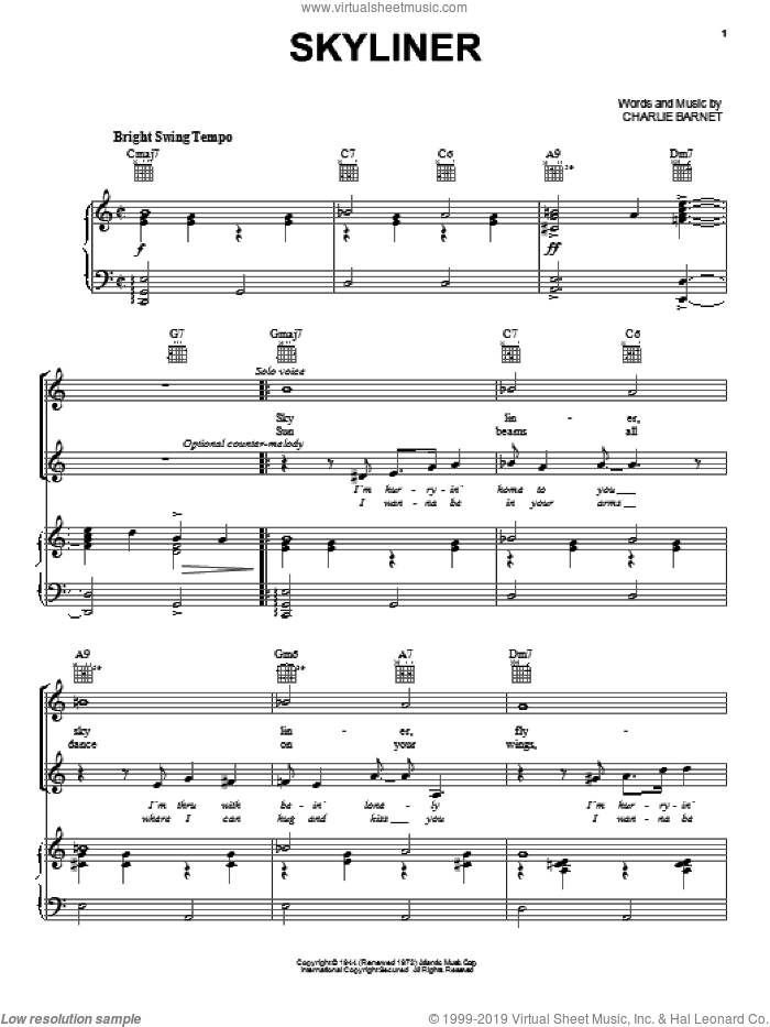 Skyliner sheet music for voice, piano or guitar by Charlie Barnet, intermediate skill level