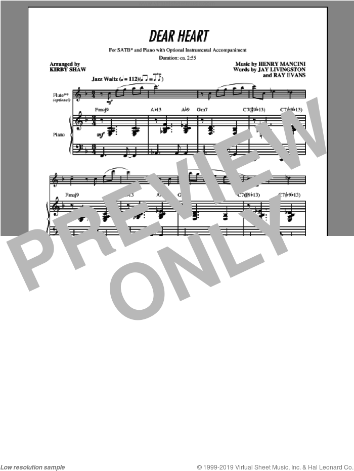 Dear Heart sheet music for choir (SATB: soprano, alto, tenor, bass) by Kirby Shaw and Henry Mancini, intermediate skill level