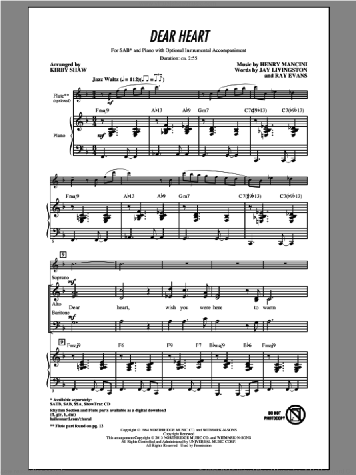 Dear Heart (arr. Kirby Shaw) sheet music for choir (SAB: soprano, alto, bass) by Kirby Shaw and Henry Mancini, intermediate skill level