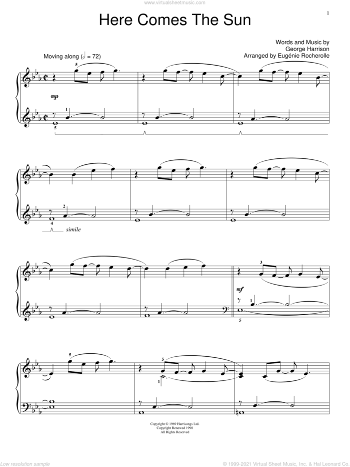 Here Comes The Sun sheet music for piano solo (elementary) by The Beatles, Miscellaneous and George Harrison, beginner piano (elementary)