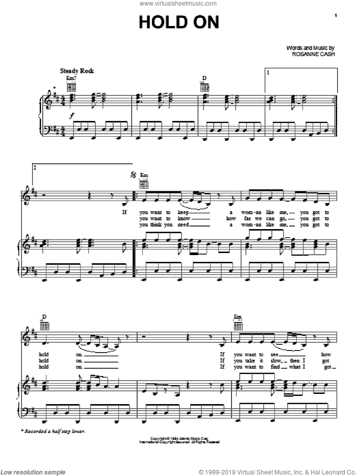 Hold On sheet music for voice, piano or guitar by Rosanne Cash, intermediate skill level