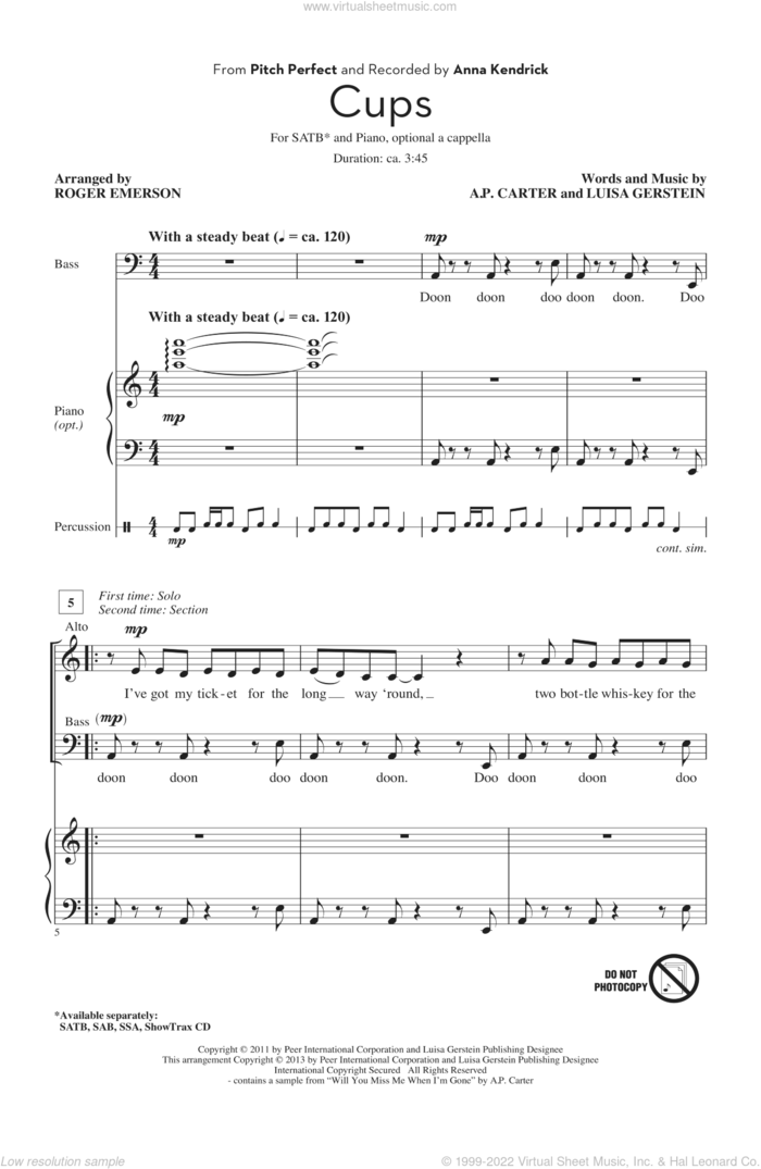 Cups (from Pitch Perfect) (arr. Roger Emerson) sheet music for choir (SATB: soprano, alto, tenor, bass) by Anna Kendrick, A.P. Carter, Luisa Gerstein and Roger Emerson, intermediate skill level