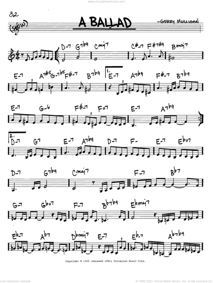 A Ballad sheet music for voice and other instruments (in C) by Gerry Mulligan, intermediate skill level