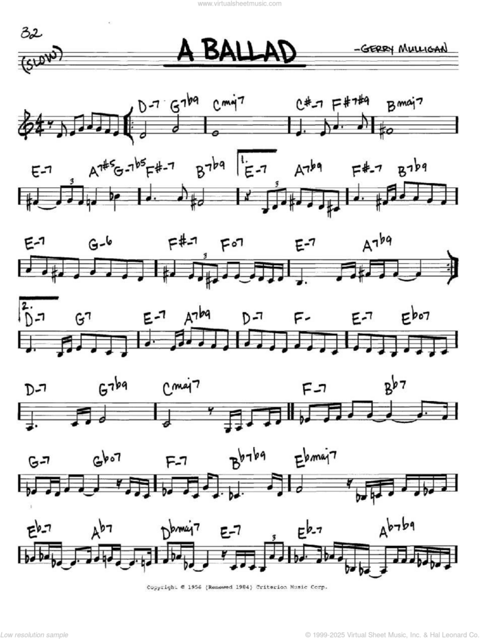 A Ballad sheet music for voice and other instruments (in C) by Gerry Mulligan, intermediate skill level