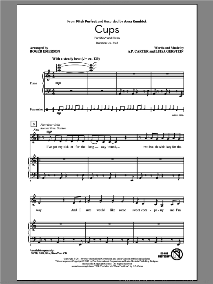 Cups (from Pitch Perfect) (arr. Roger Emerson) sheet music for choir (SSA: soprano, alto) by Anna Kendrick, A.P. Carter, Luisa Gerstein and Roger Emerson, intermediate skill level