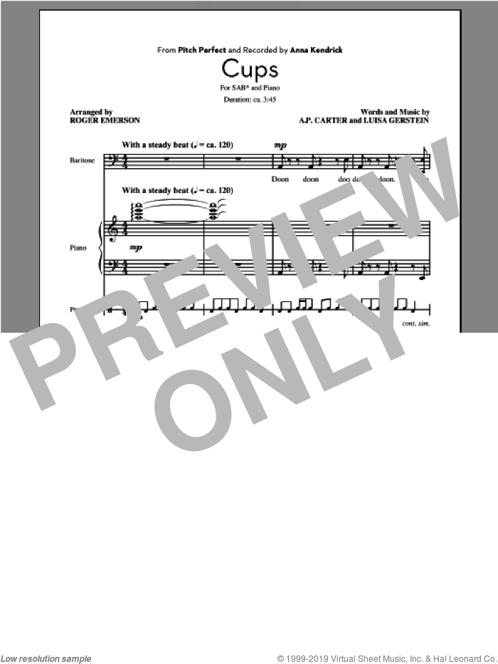 Cups (from Pitch Perfect) (arr. Roger Emerson) sheet music for choir (SAB: soprano, alto, bass) by Anna Kendrick, A.P. Carter, Luisa Gerstein and Roger Emerson, intermediate skill level