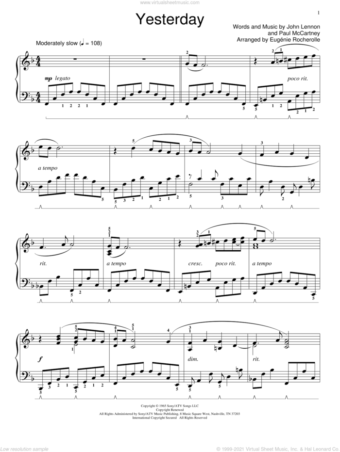 Yesterday sheet music for piano solo (elementary) by The Beatles, Eugenie Rocherolle, Miscellaneous, John Lennon and Paul McCartney, beginner piano (elementary)