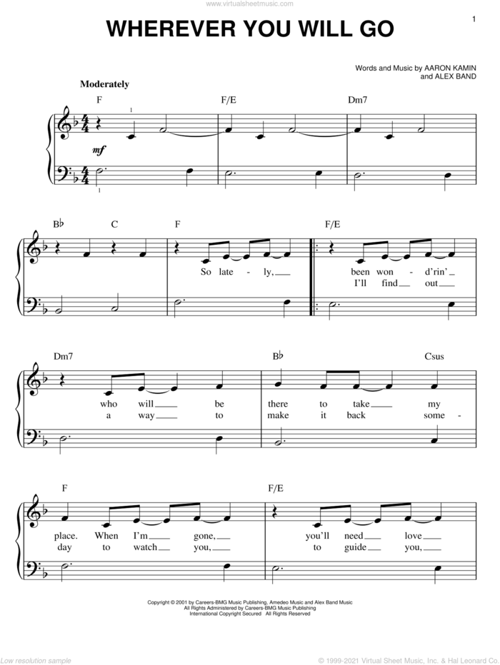 Wherever You Will Go sheet music for piano solo by The Calling, Aaron Kamin and Alex Band, easy skill level