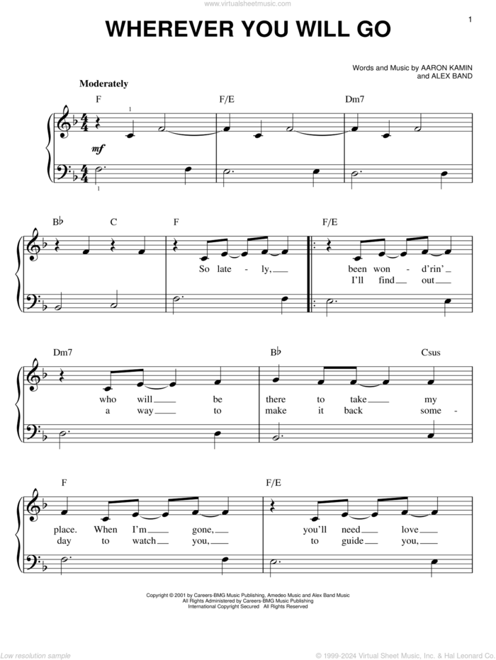 Wherever You Will Go sheet music for piano solo by The Calling, Aaron Kamin and Alex Band, easy skill level