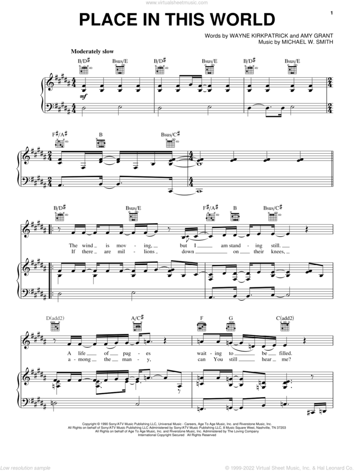 Place In This World sheet music for voice, piano or guitar by Michael W. Smith, Amy Grant and Wayne Kirkpatrick, intermediate skill level