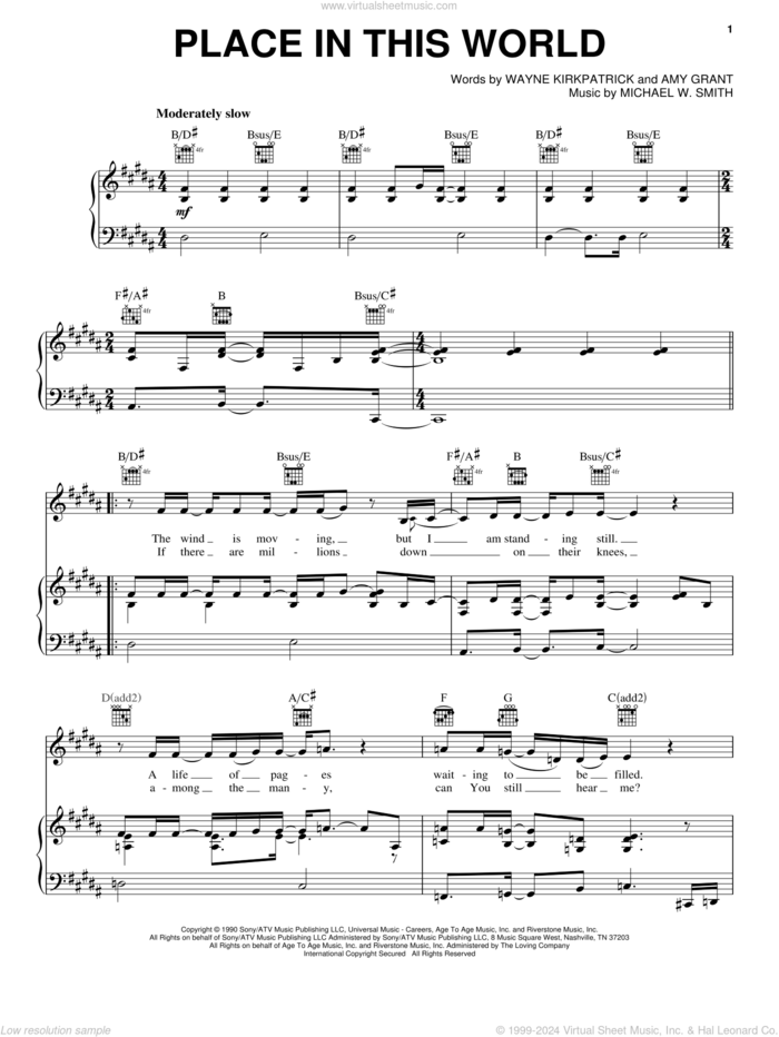 Place In This World sheet music for voice, piano or guitar by Michael W. Smith, Amy Grant and Wayne Kirkpatrick, intermediate skill level