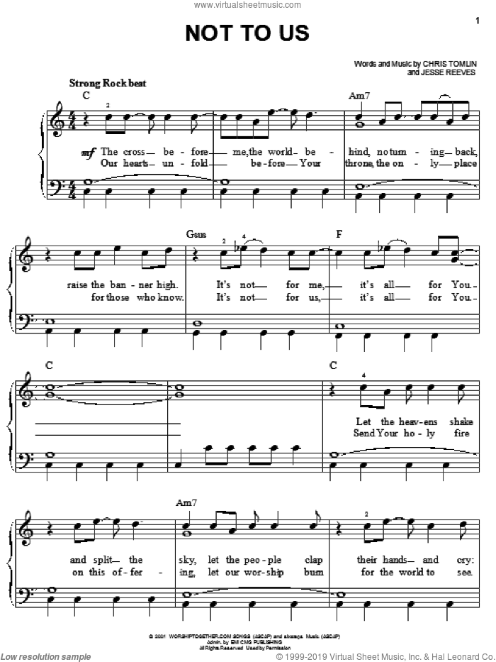Not To Us sheet music for piano solo by Chris Tomlin and Jesse Reeves, easy skill level