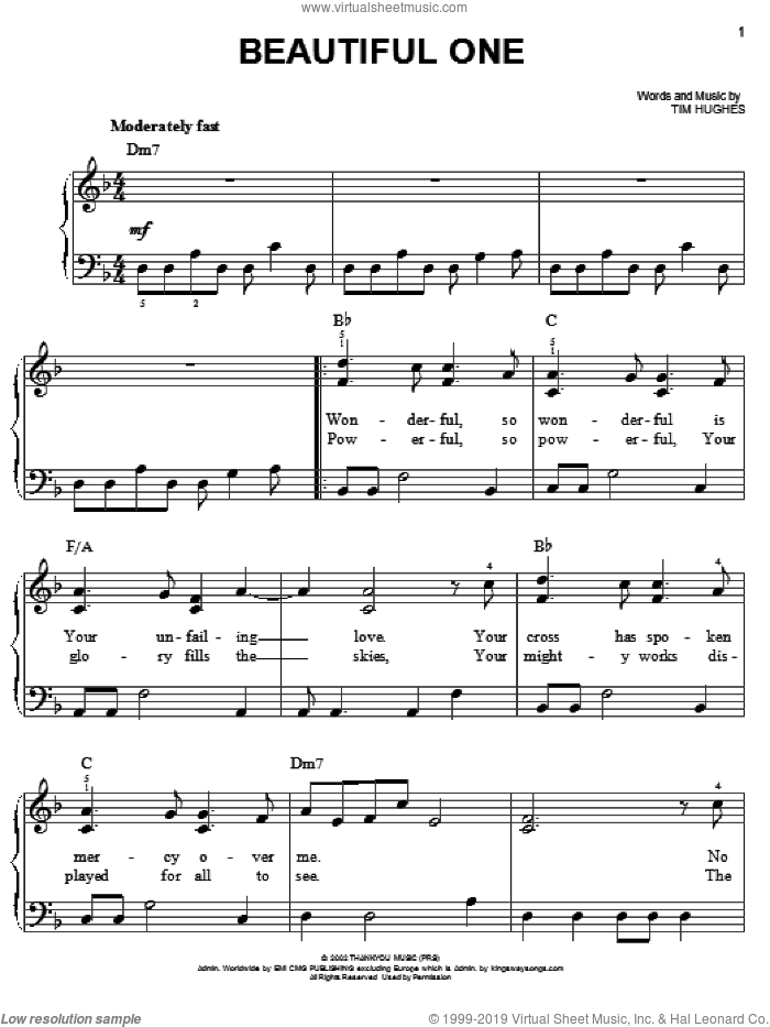 Beautiful One sheet music for piano solo by Jeremy Camp and Tim Hughes, easy skill level