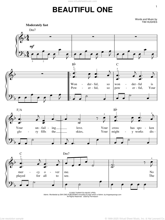 Beautiful One sheet music for piano solo by Jeremy Camp and Tim Hughes, easy skill level