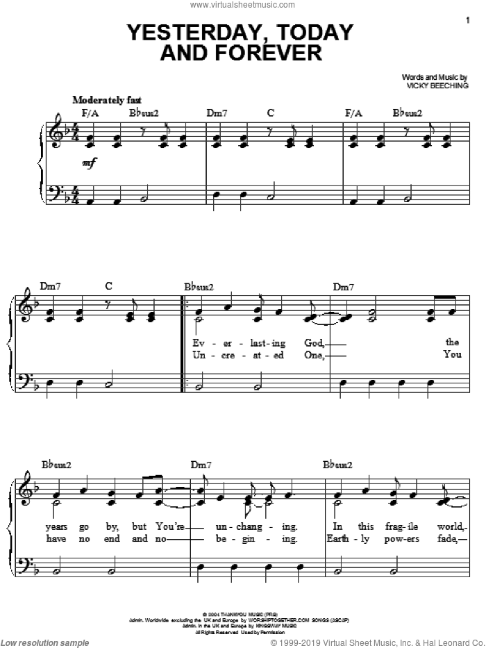 Yesterday, Today And Forever sheet music for piano solo by Vicky Beeching, easy skill level