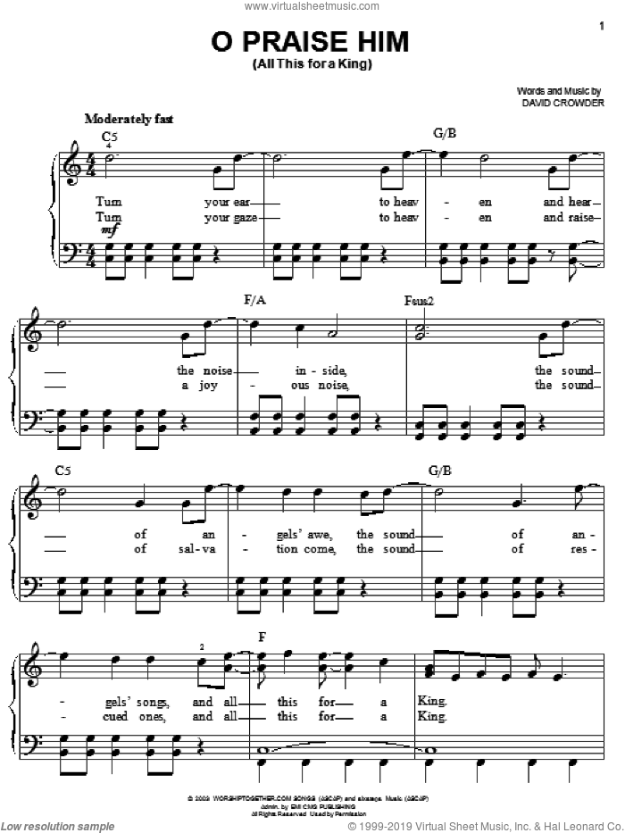 O Praise Him (All This For A King) sheet music for piano solo by David Crowder Band and David Crowder, easy skill level