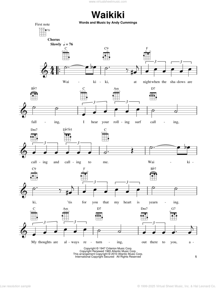 Waikiki (from The Daily Ukulele) sheet music for ukulele by Andy Cummings, intermediate skill level