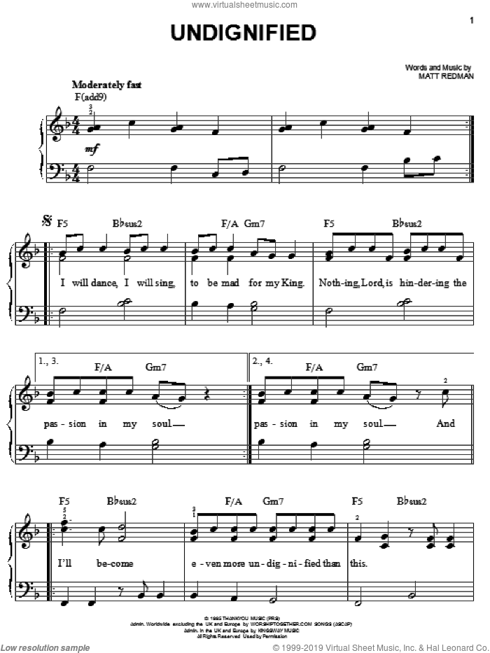 Undignified sheet music for piano solo by Matt Redman, easy skill level