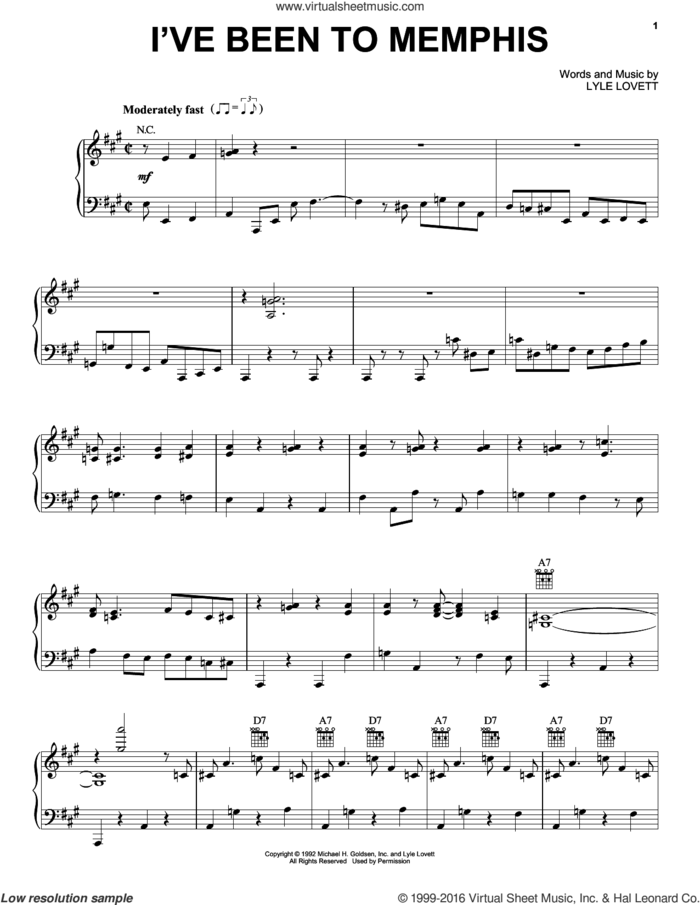I've Been To Memphis sheet music for voice, piano or guitar by Lyle Lovett, intermediate skill level