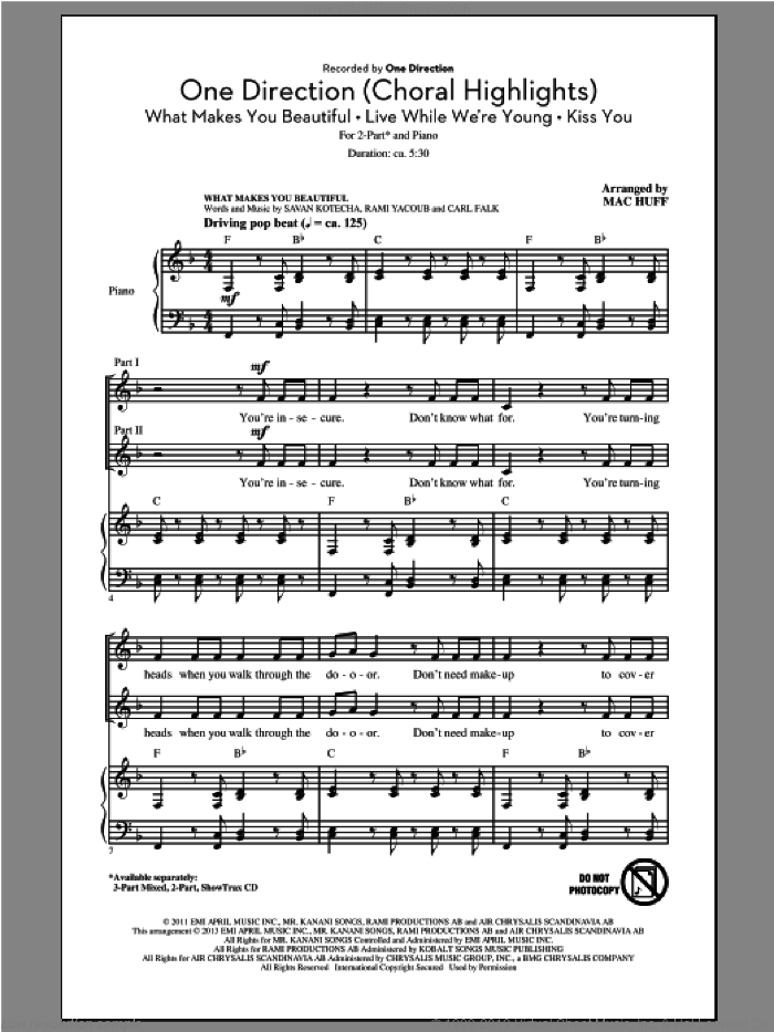 One Direction (Choral Highlights) sheet music for choir (2-Part) by Mac Huff and One Direction, intermediate duet