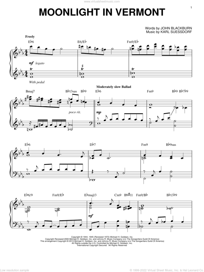 Moonlight In Vermont (arr. Brent Edstrom) sheet music for piano solo by Karl Suessdorf and John Blackburn, intermediate skill level