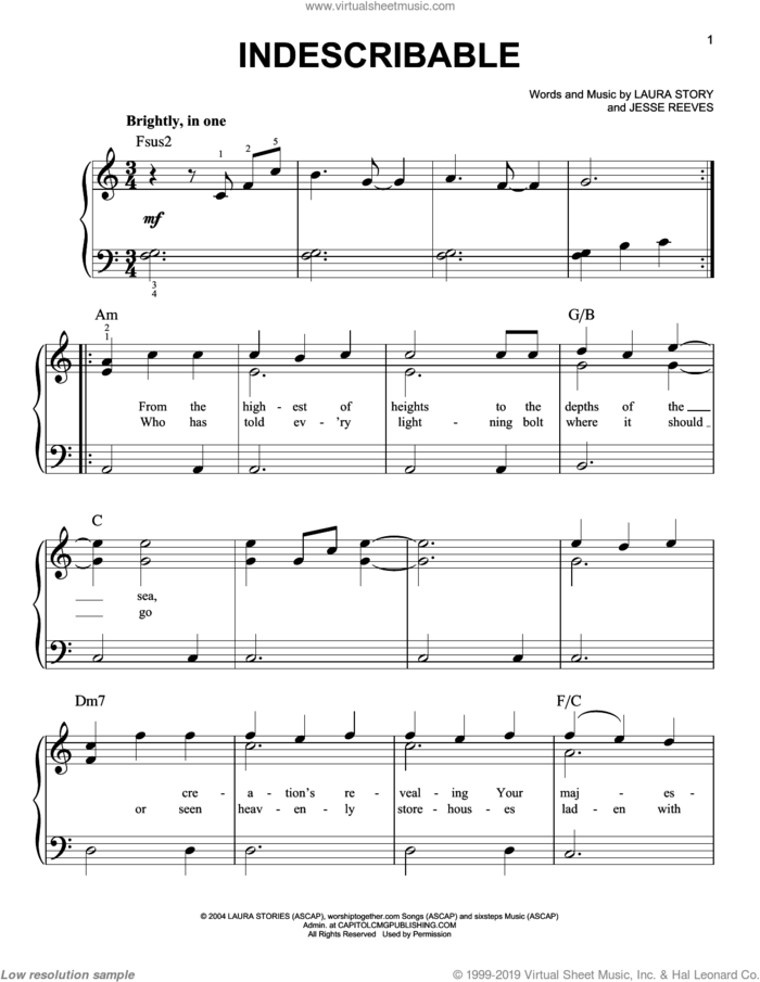 Indescribable sheet music for piano solo by Chris Tomlin, Jesse Reeves and Laura Story, easy skill level