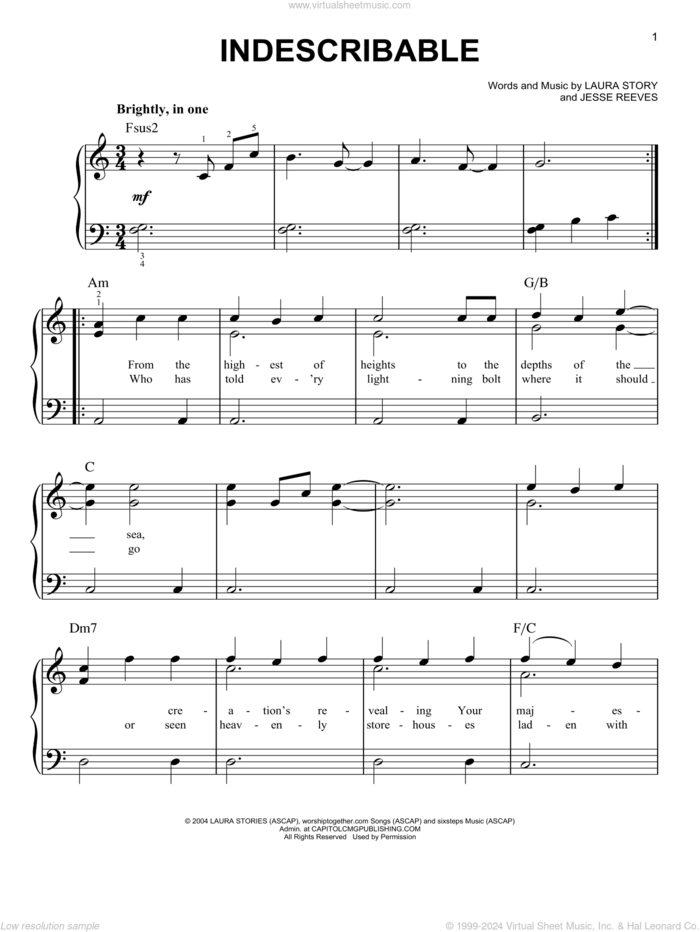 Indescribable sheet music for piano solo by Chris Tomlin, Jesse Reeves and Laura Story, easy skill level