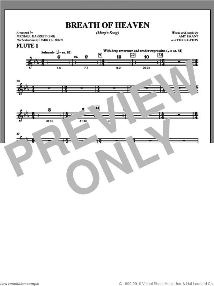 Breath Of Heaven (from 'All Is Well') sheet music for orchestra/band (flute 1) by Amy Grant and Michael Barrett, intermediate skill level