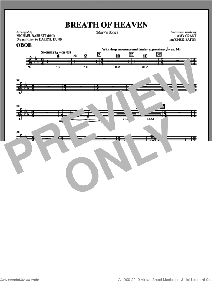 Breath Of Heaven (from 'All Is Well') sheet music for orchestra/band (oboe) by Amy Grant and Michael Barrett, intermediate skill level