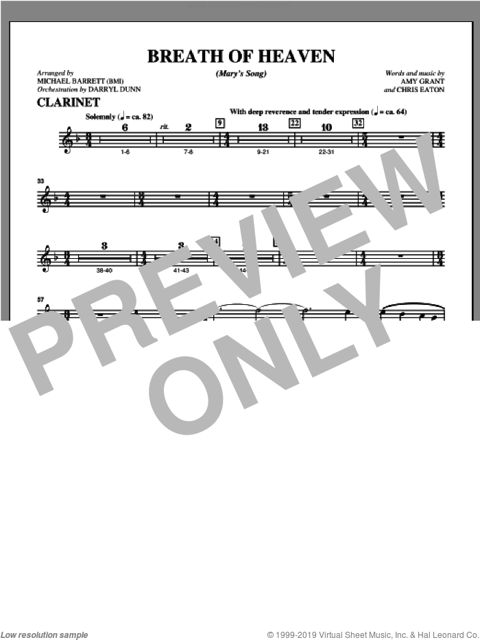 Breath Of Heaven (from 'All Is Well') sheet music for orchestra/band (clarinet) by Amy Grant and Michael Barrett, intermediate skill level